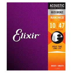 Elixir Nanoweb 80/20 Bronze Extra Light Acoustic Guitar Strings (.010 - .047)