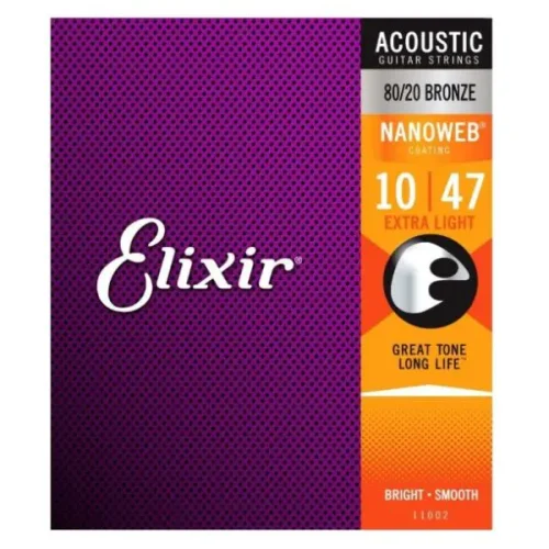 Elixir Nanoweb 80/20 Bronze Extra Light Acoustic Guitar Strings (.010 - .047)