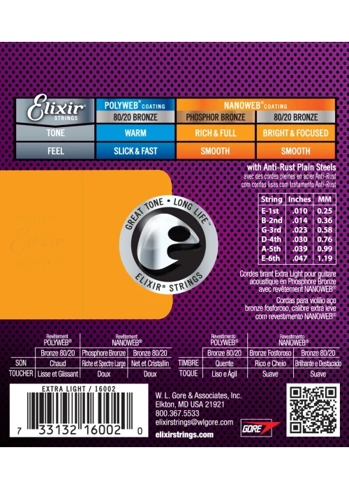 Elixir Nanoweb Phosphor Bronze Extra Light Acoustic Guitar Strings (.10 - .047) - Image 2