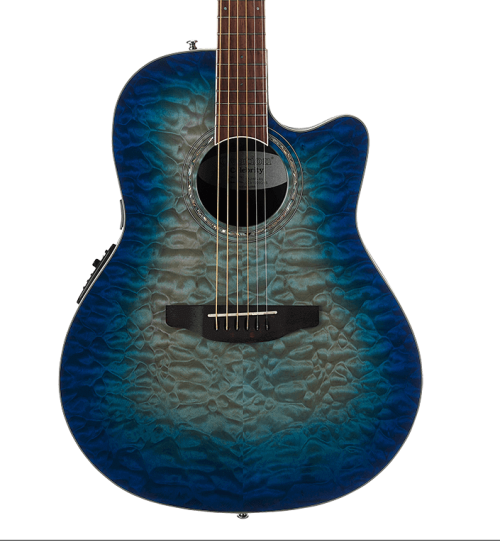 Ovation Celebrity Std® CS28P-RG Exotic Super Shallow Caribbean Blue/Natural Burst On Exotic Quilted Maple Acoustic Guitar