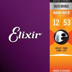 Elixir Strings Nanoweb 80/20 Acoustic Guitar Strings - .012-.053 Light
