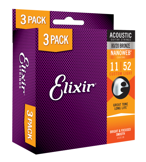 Elixir 16538 Nanoweb 80/20 Bronze Acoustic 11-52 3-Pack