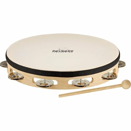 Nino Percussion 10-Inch Headed Wood Tambourine, 1 Row Jingles, Natural Finish