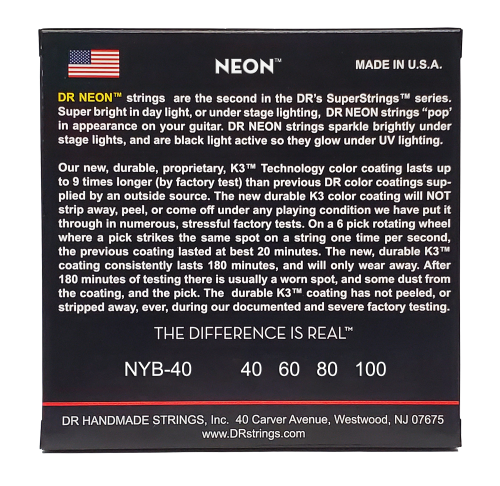 DR Strings NEON Yellow Coated Electric Bass Strings Long Scale Set - 4-String 40-100 - Image 4