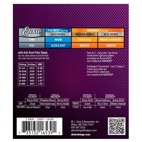 Elixir 16539 Acoustic 80/20 Bronze Nanoweb 0.12-0.53 3-Pack - Image 2