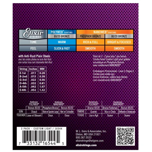 Elixir 16544 Nanoweb Acoustic Guitar Strings -.011-.052 3-pack - Image 2