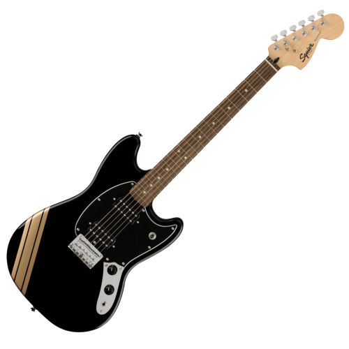 Fender Squier FSR Bullet Mustang HH Electric Guitar - Black w/ Gold Competition Stripes - Image 2