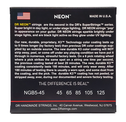 DR Strings NGB5-45 Hi-Def Neon Green K3 Coated Bass Guitar Strings - .045-.125 Medium 5-string - Image 4