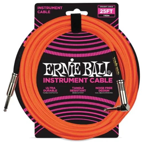 Ernie Ball Guitar Instrument Cable 25ft Braided Straight/Angle Neon Orange