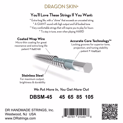 DR Strings Dragon Skin+ Coated Bass Strings - .045-.105 Medium - Image 2
